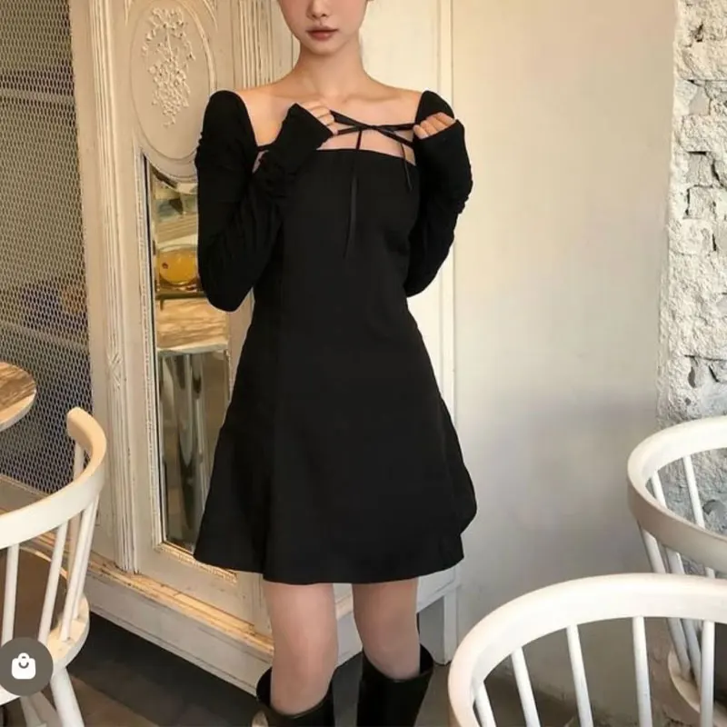 

Fashionable Drawstring Bow Mini Dress Spring Autumn Long Sleeve Women's Clothing Solid Color Aura Square Collar Waist Dresses