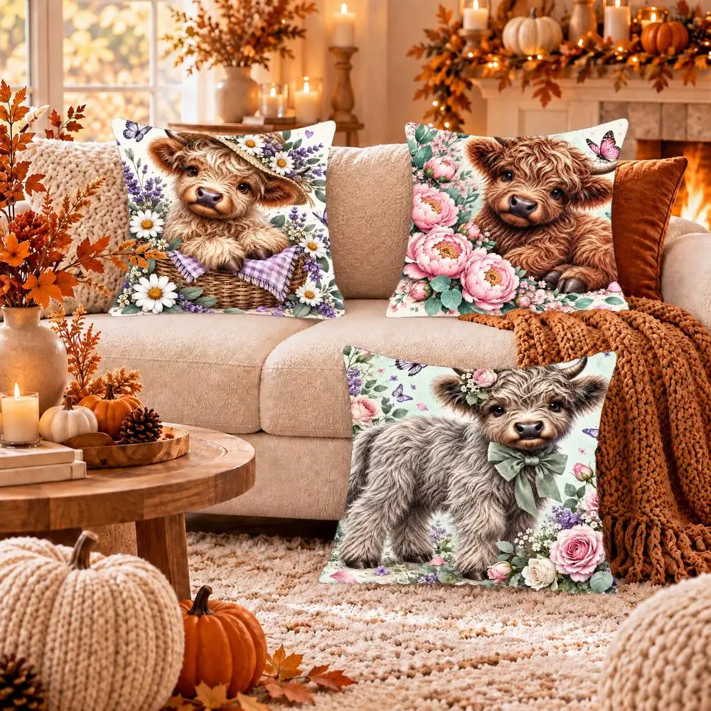 Highland Floral Charm Cushion Cover Soft Short Plush Pillow Cover Smooth Cozy Texture Cushion Case Home Decor