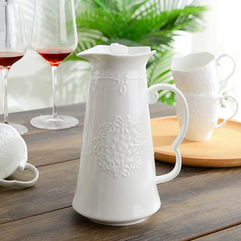 1.2L, white embossed porcelain vintage England tea pot, ceramic coffe kettle for cafe, tea ceremony blooming tea  pot, pitcher