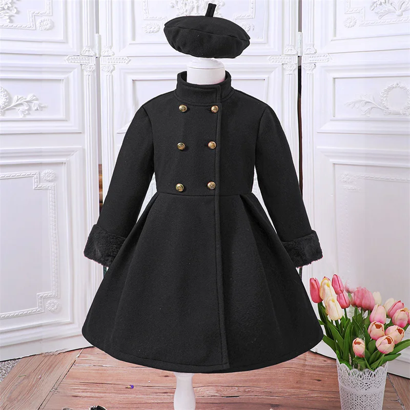 2026 Children Fashion Solid Overcoat Kids Winter Warm Plush Sleeve Double Breasted Outerwear Girls Medium Style Versatile Jacket