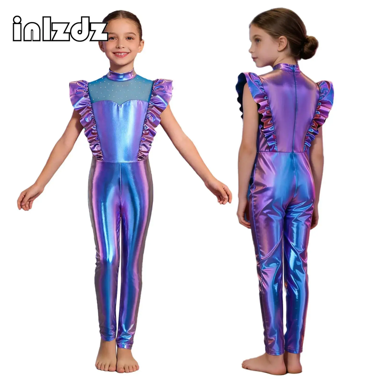 

Children Girls Metallic Gloss Alien Cosplay Costumes Flying Sleeve Jumpsuit Leotard for Them Party Stage Performance Photography