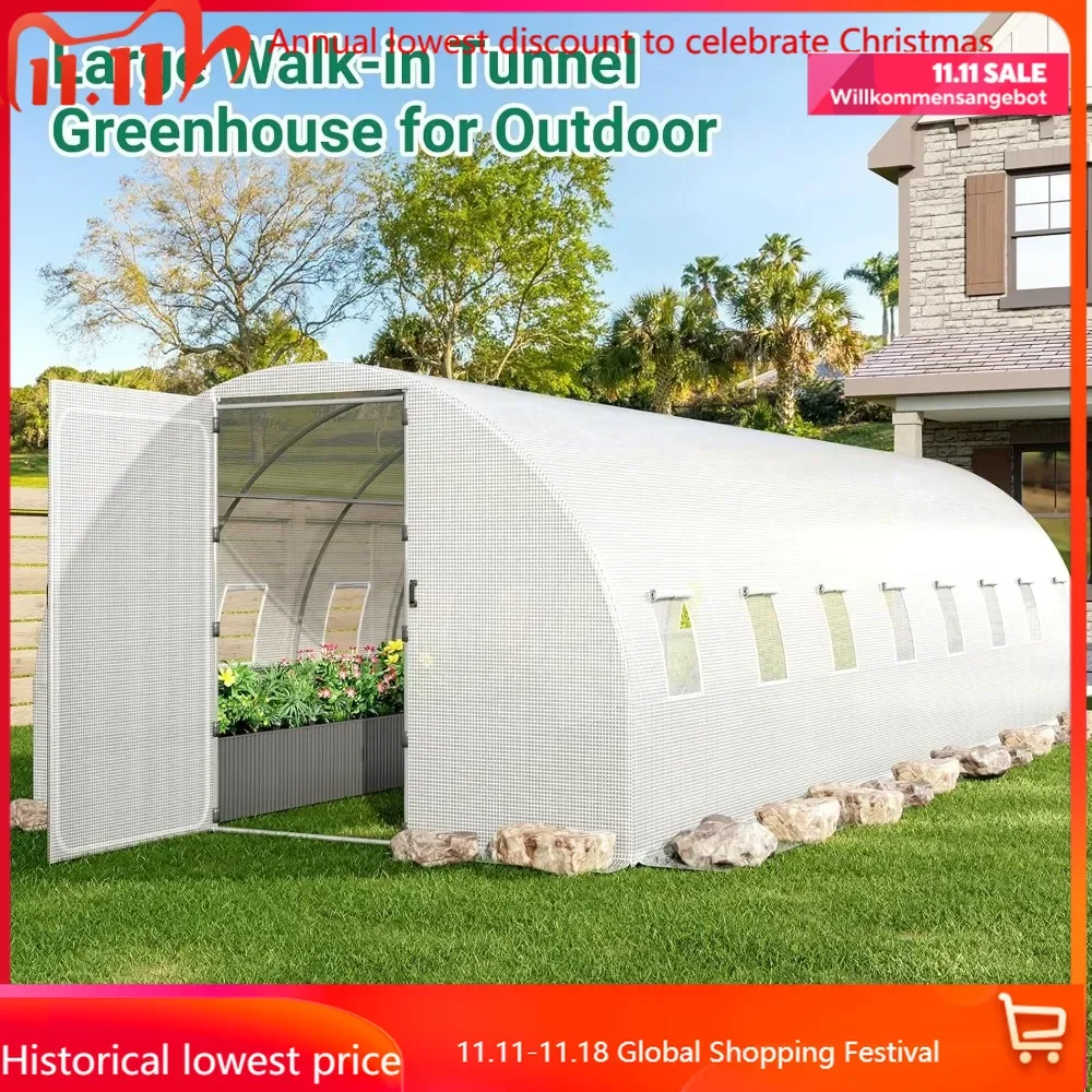 26x10x7 ft Large Walk-in Greenhouse for Outdoors, Upgraded Swing Doors Tunnel Greenhouse kit, Heavy Duty Galvanized Steel Frame,