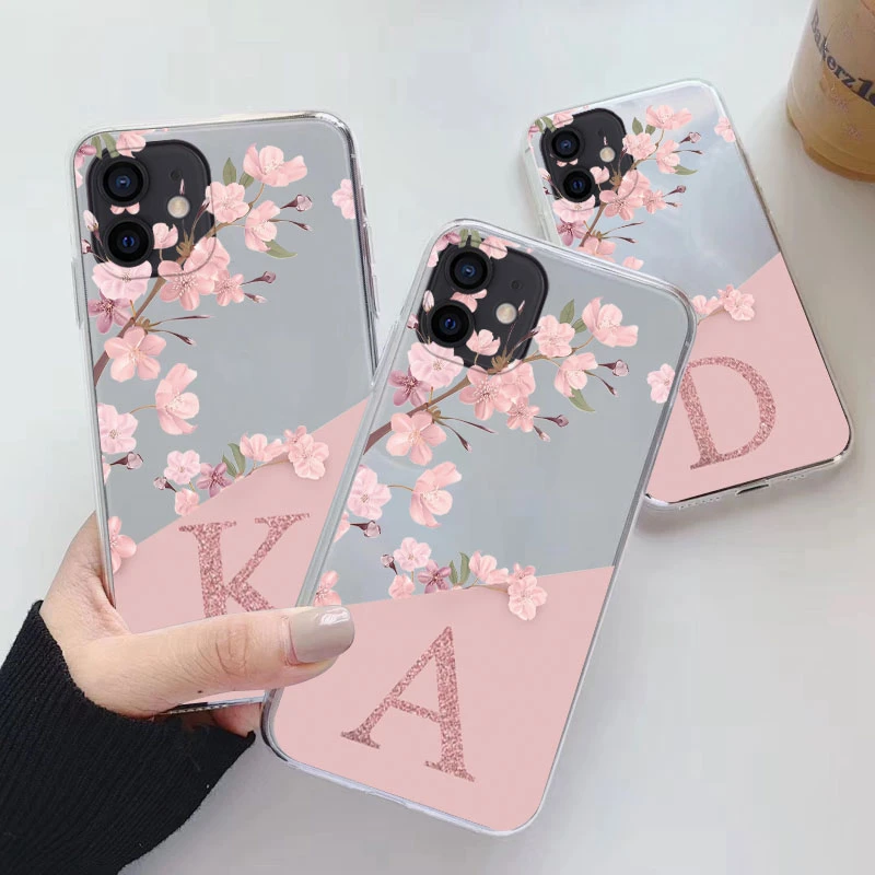 Flowers Letter Case For iphone 11 Pro Max Capa Clear Soft Silicone Covers For iphone 11Pro Max Fundas Alphabet Transparent Bags