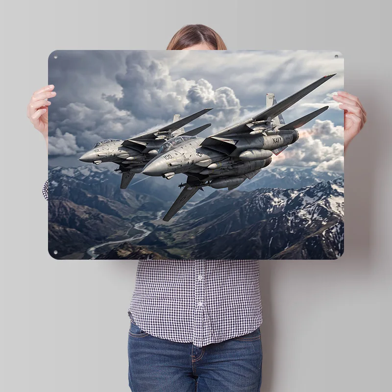 F-14 Tomcat Jets Flying Over Mountains Poster Retro 3D Printed Metal Signs Customized Wall Hanging Gift for Home Decor Ornaments
