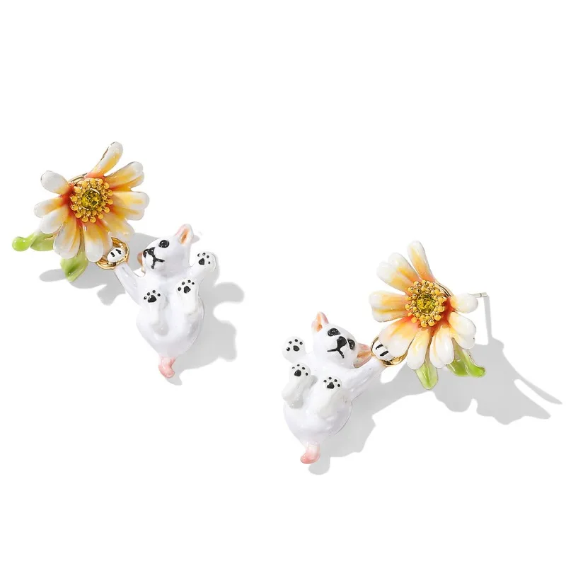 Trend Cute White Pet Dog Dangle Pendant Stud Earrings for Women, Drip Oil Yellow Daisy Flower Puppy Earring Light Luxury Jewelry