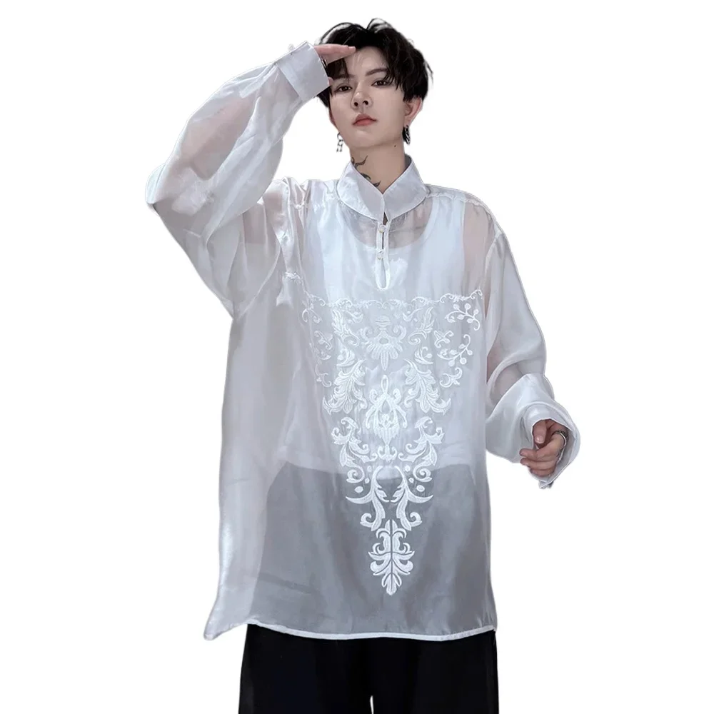 Men\'s Niche Fashion Lightweight Chiffon Embroidery Stand Collar Long Sleeve Loose Casual Pullover Shirts Oversize Blouse for Men