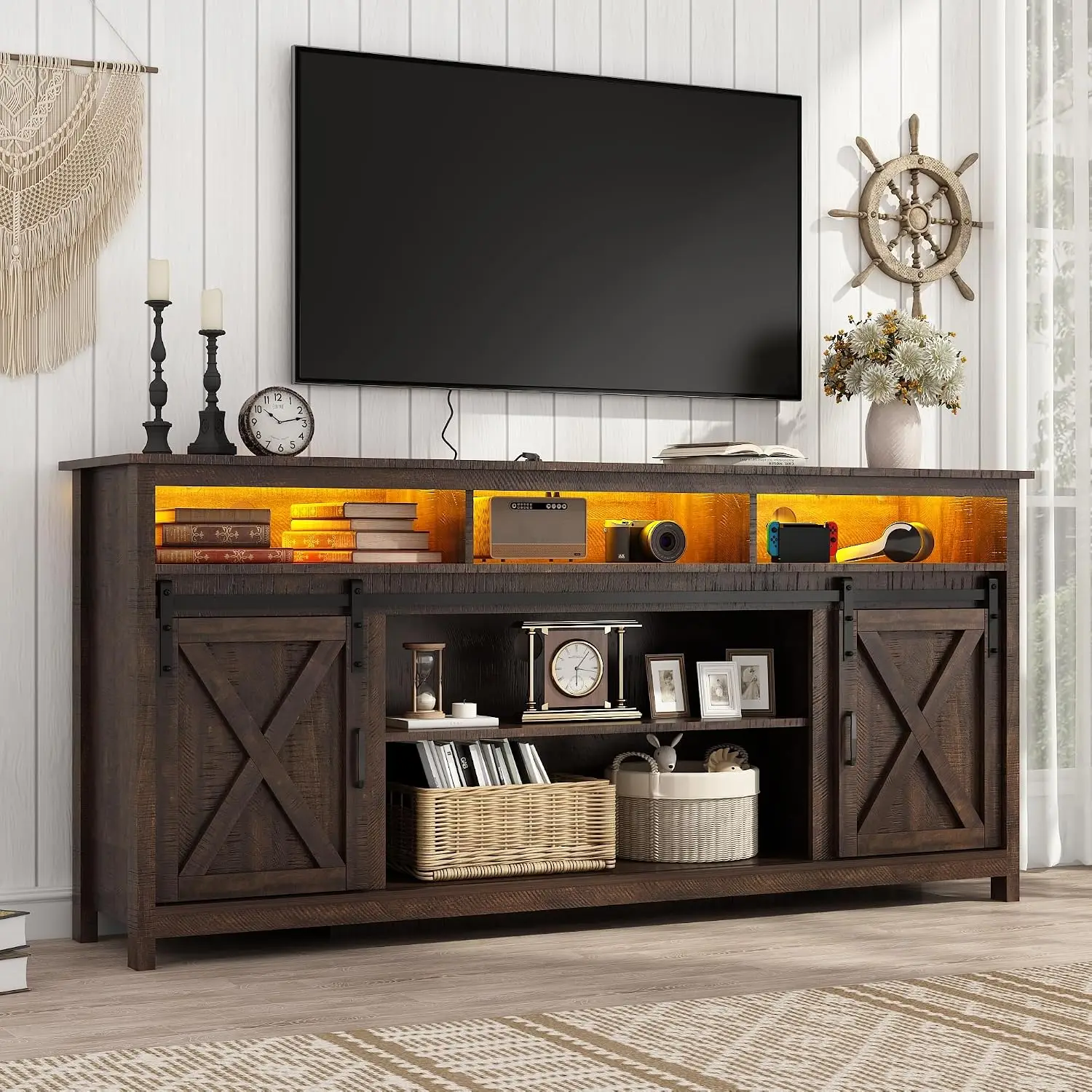 Wooden Farmhouse TV Stand for 60/65 Inch TV, Double Layer Storage with Sliding Barn Door & Sockets, Rustic Brown, Customized
