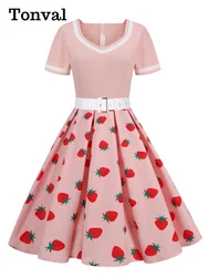 Tonval Pink V-Neck Short Sleeve Pleated Vintage Strawberry Dress with Belt for Women 50s Pinup Robe Evening Summer Dresses 2024