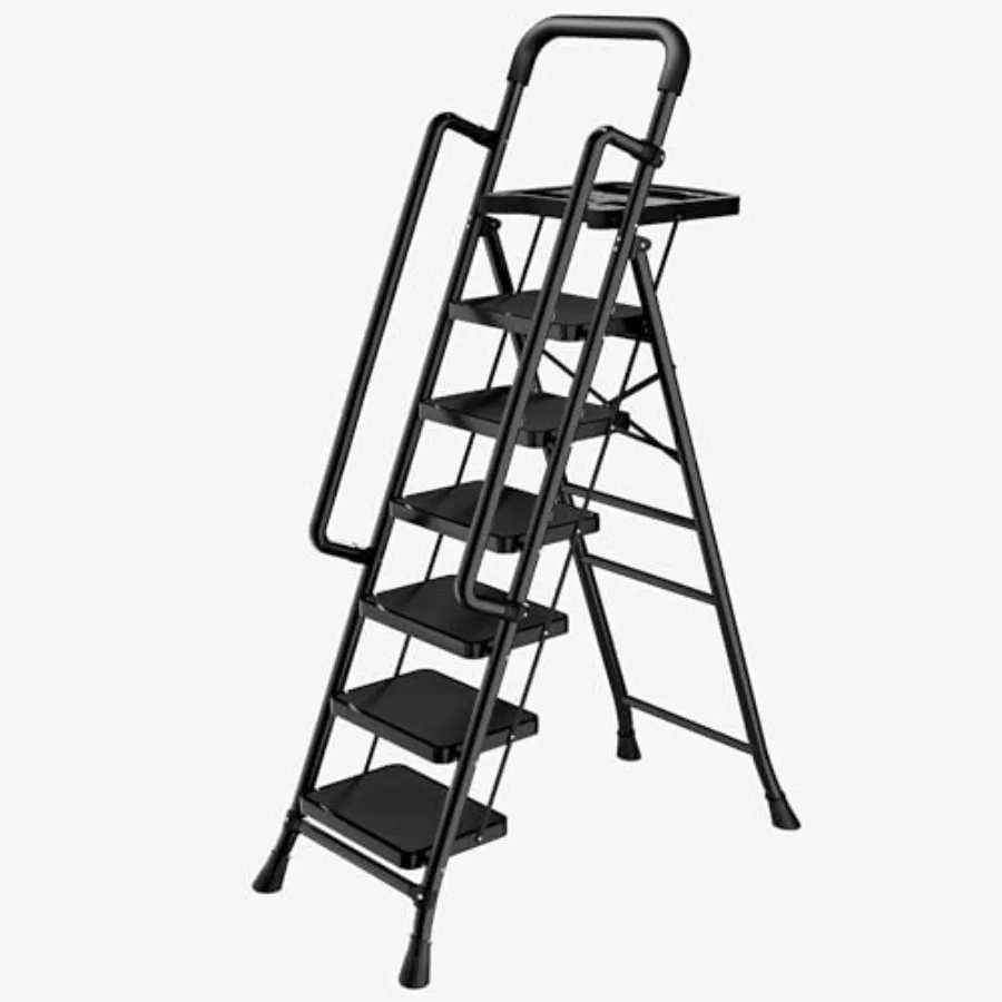 

Step Ladder with Platform for Home Use Heavy Duty Steel Black Anti-Slip Widen Pedals Handrail with Safe-Lock Design