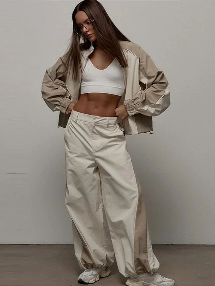 

Повседневная куртка, брюки, женский комплект, праздничный лоскутный костюм на молнии с длинными рукавами, пальто, широкие плиссированные брюки, весна-осень 2024, женский костюм