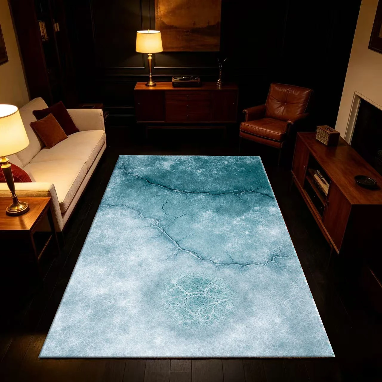 Teal Cracked Marble Texture Carpet Flooring Anti-Slip Decorative Floor Rug For Living Room Home Decoration