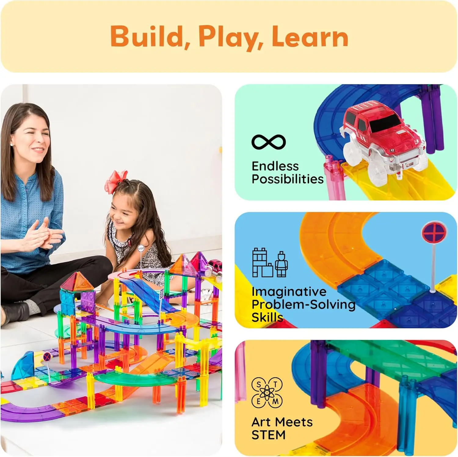 50 szt. Magnetyczne Płytki Toru Wyścigowego Zabawka Edukacyjna dla Dzieci z 2 Świecącymi Ciężarówkami STEM Przedszkolne Nauka Magnetyczne Płytki Zabawki dla Maluchów B