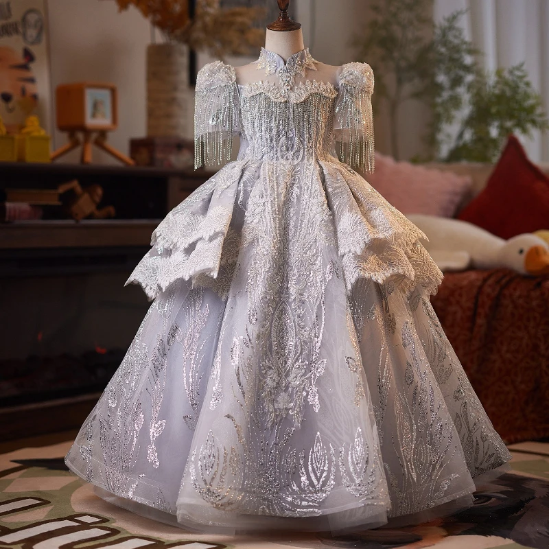 2026 Girls Host Dress Children Pageant Wedding Kids Party Gown Piano Performance Outfit Formal Party Attire Celebration Costume