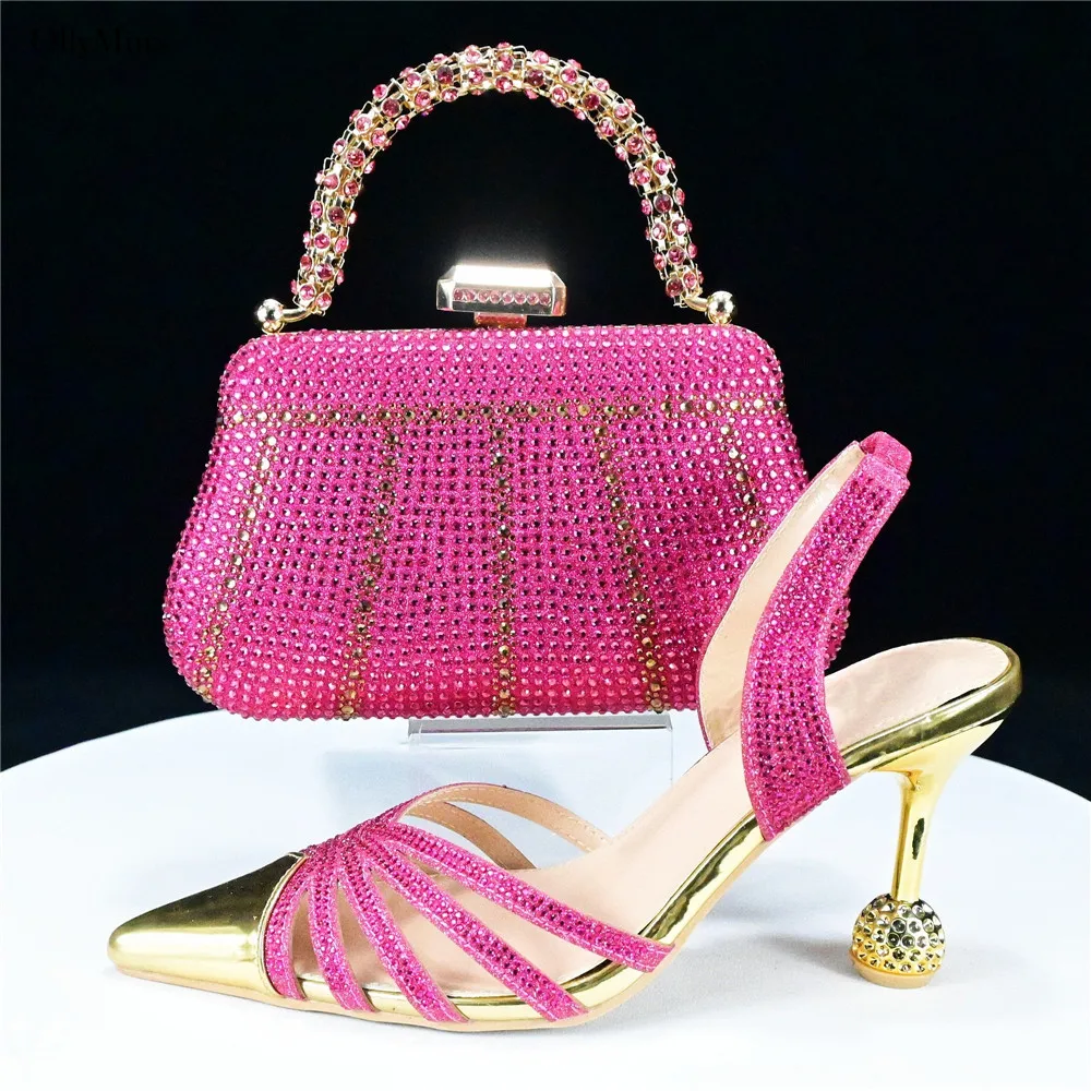 Italian Style Women Sandal Shoes And Bag To Match Set New Coming Crystal Pointed Toe Shoes And Bag Set For Wedding Dress