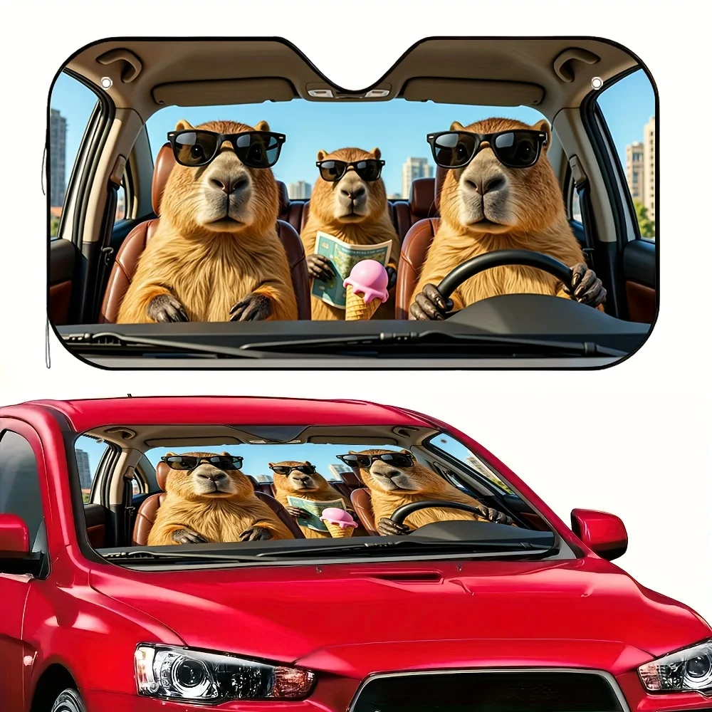 

1pc Capybara Road Trip Print Car Sunshade – Stylish & Cool, Foldable Design With 4 Suction Cups, Easy Installation, Perfect For