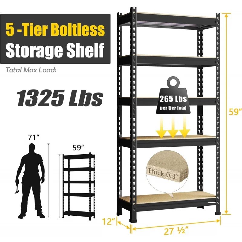 Storage Shelves 5 Tier Adjustable Garage Storage Shelving, Heavy Duty Metal Storage Utility Rack Shelf Unit