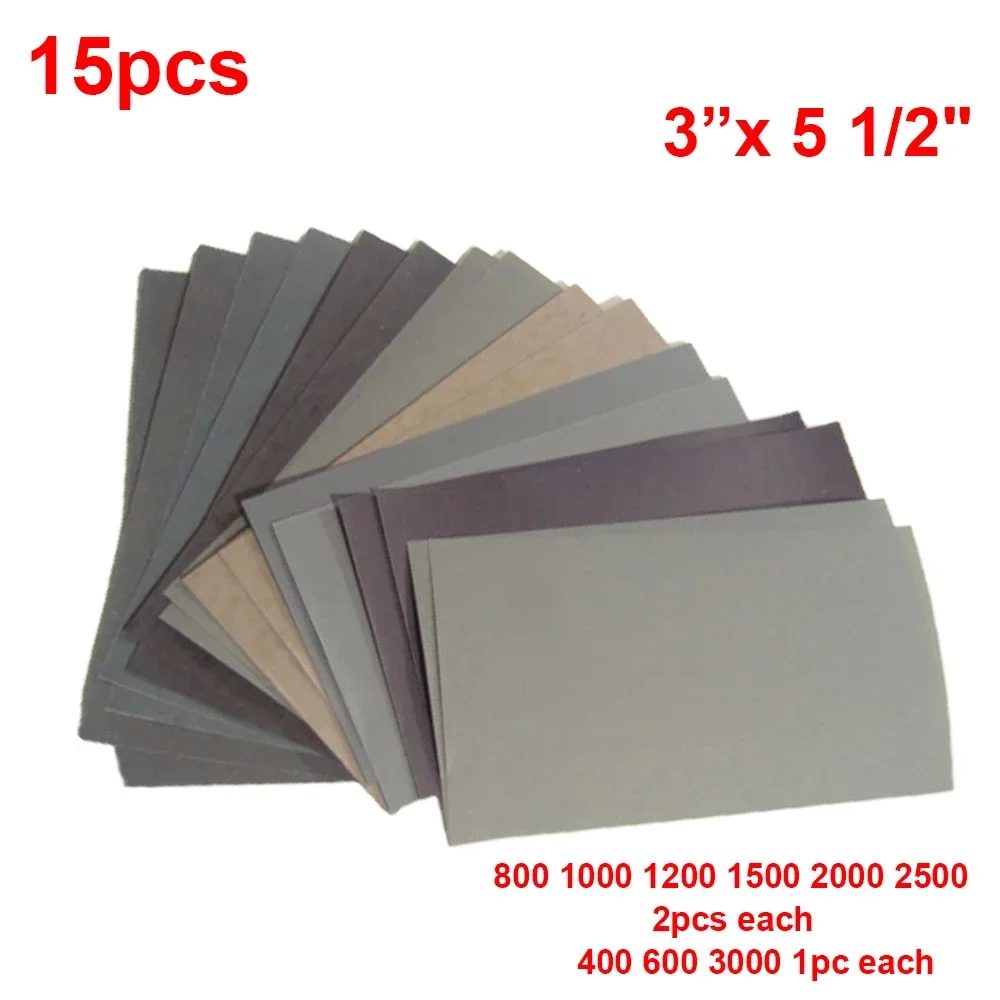 15PCS Wet/Dry Sandpaper Set Polishing 400-3000 Grit Abrasive Sanding Paper for Wood, Metal, Car, Furniture Repair