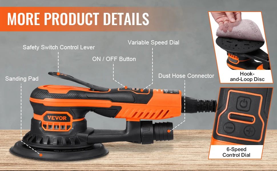 350W Brushless 10000 PRM 6 Variable Speed Electric Orbital Sander for Woodworking D - view 6