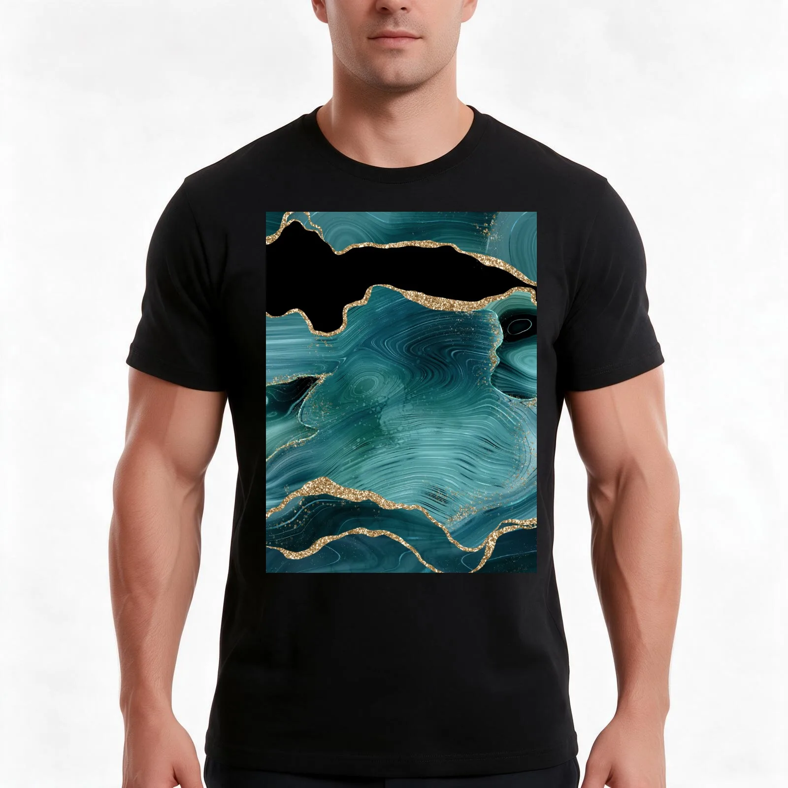 Teal and gold glitter agate marble texture - Gorgeous and luxurious T-Shirt, Summer Casual Cotton Tee, Oversized Streetwear Tops