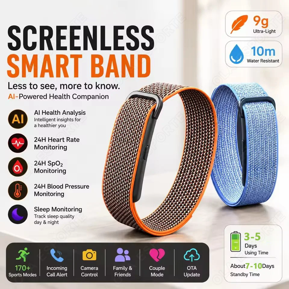 AIR Bildschirmloser Fitness-Tracker mit KI-Gesundheitsanalyse, Ultraleichtes Smartband, Blutsauerstoffmessung, 10m Wasserdicht, 176 Sportarten, Smartwatch H10