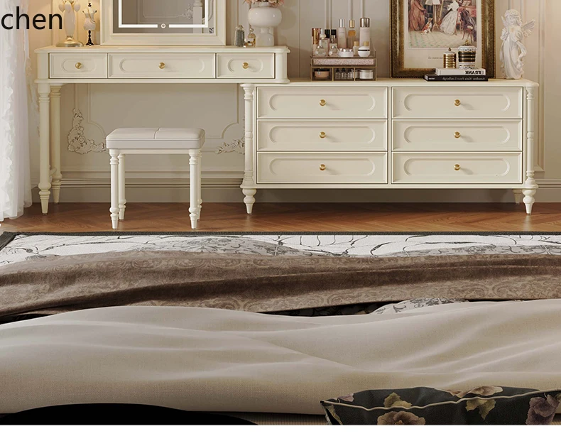 HT Solid Wood Dressing Table with Storage Cabinet Integrated Bedroom Dressing Table with Integrated Makeup Mirror