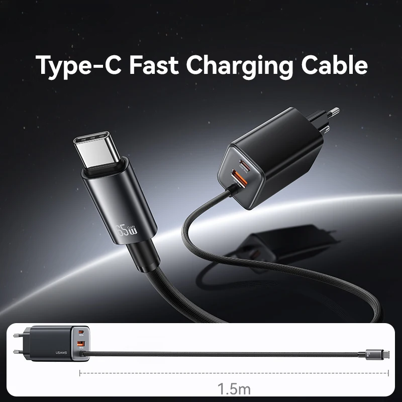 USAMS 65W GaN Fast Charger Type C PD USB Charger with 1.5m Braided Cable Portable Charger for Laptops iPhone 16 15 14 Samsung