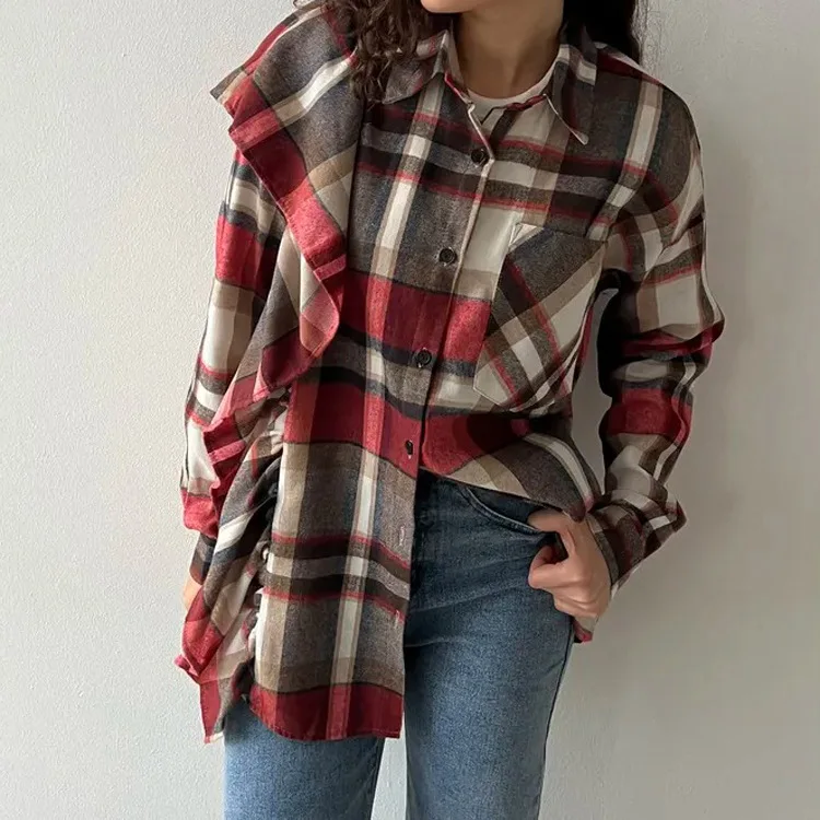 

2025 Spring and Autumn New Checkered Women's Shirt, Flip Collar Long Sleeve Cardigan, Street Retro Versatile Loose Top