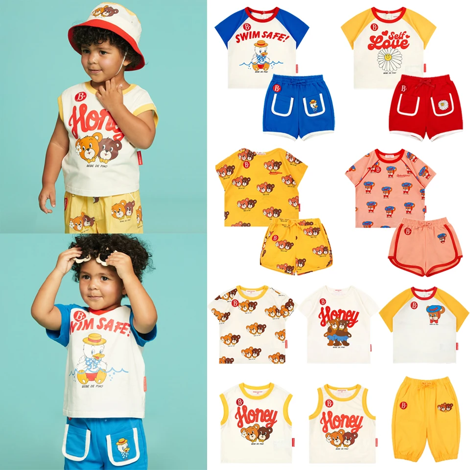 

Комплект детской одежды 2025 아동복 세트 для мальчиков, повседневная футболка с героями мультфильмов, шорты, летние корейские милые топы для девочек, жилет, детская одежда с короткими рукавами