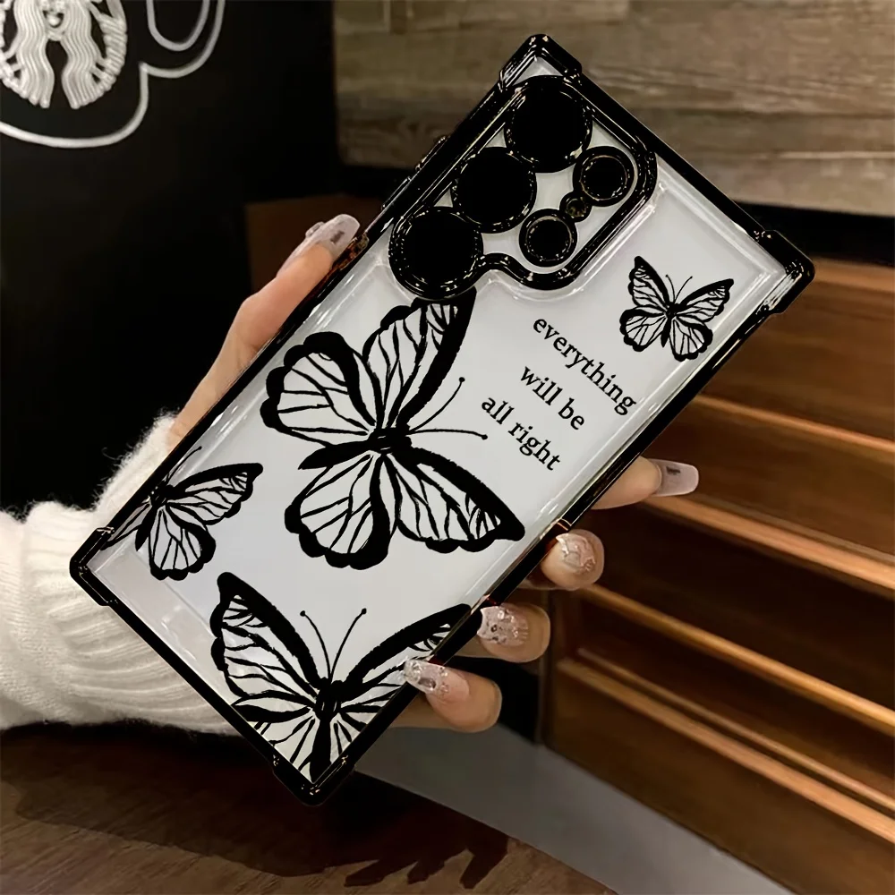 Fashionable black butterfly phone case suitable for Samsung Galaxy S26 S25 S24 S23 S22 S20 FE/Ultra/Plus anti drop back cover