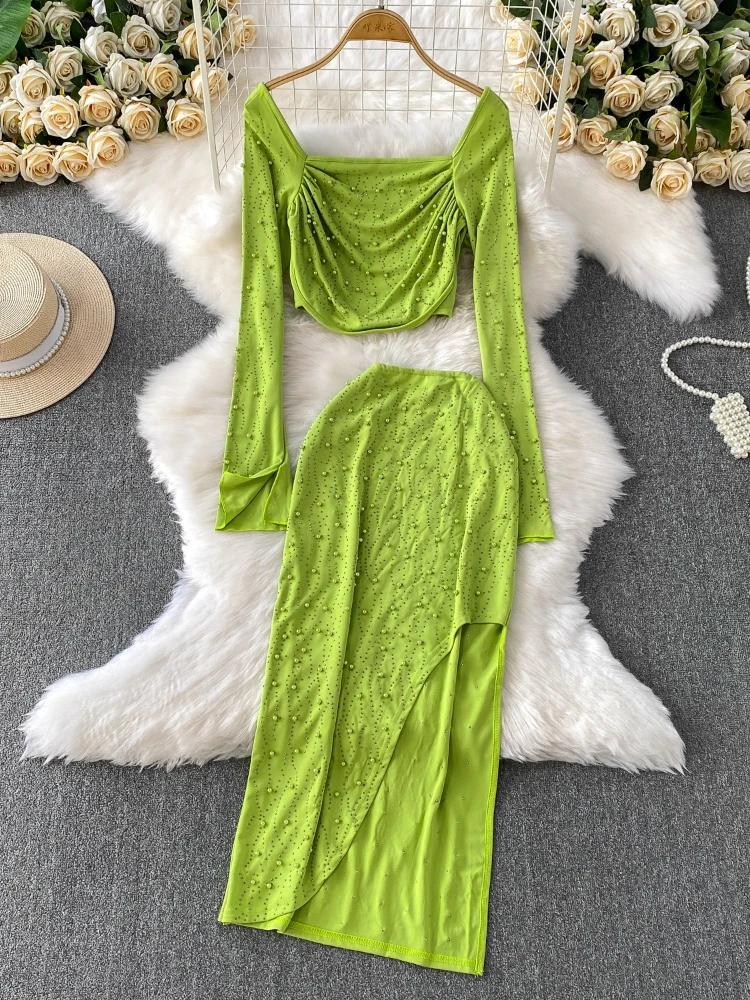 

High end luxury heavy industry nail bead short style square neck long sleeved T-shirt+high waist sexy slit long skirt set