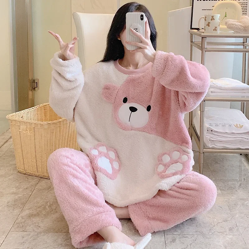 Plus Size Flannel Soft Warm Womens Pajamas Cartoon Cute Outwear Autumn Winter Long Sleeve Home Clothes Loose Two Piece Sleepwear
