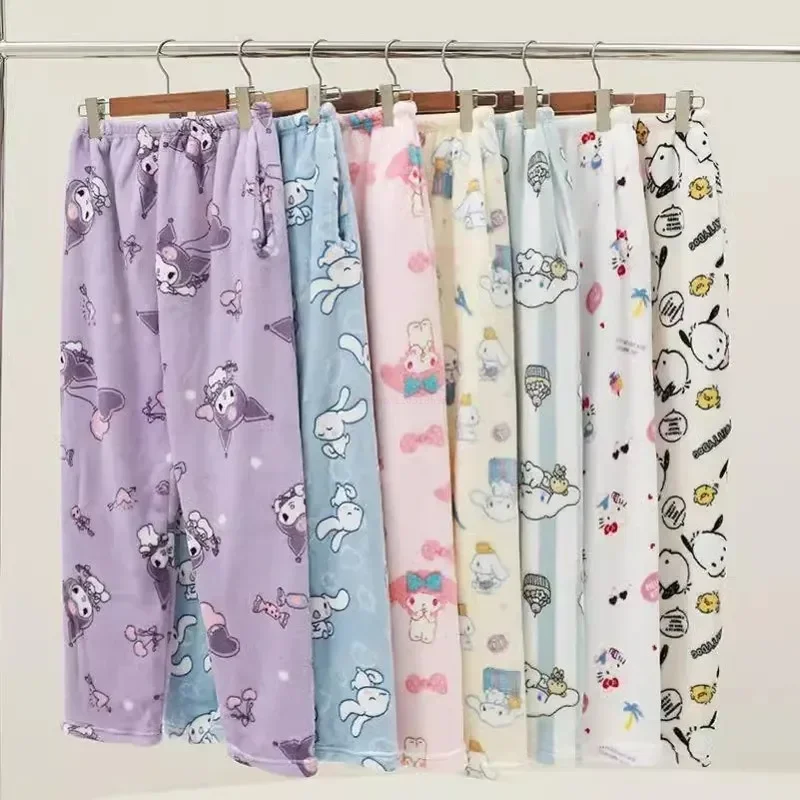 Miniso Sanrio Anime Kuromi My Melody Cinnamoroll Flannel Pajamas Pants Pj Fashion Womens Men Kawaii Woolen Cartoon Casual Home