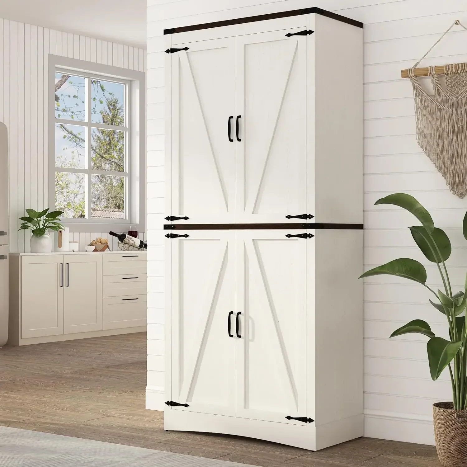 71in Farmhouse Kitchen Pantry Cabinet,Tall Storage Cabinet  4 Doors and Adjustable shelves, Kitchen,Dining Room,Bathroom(White)