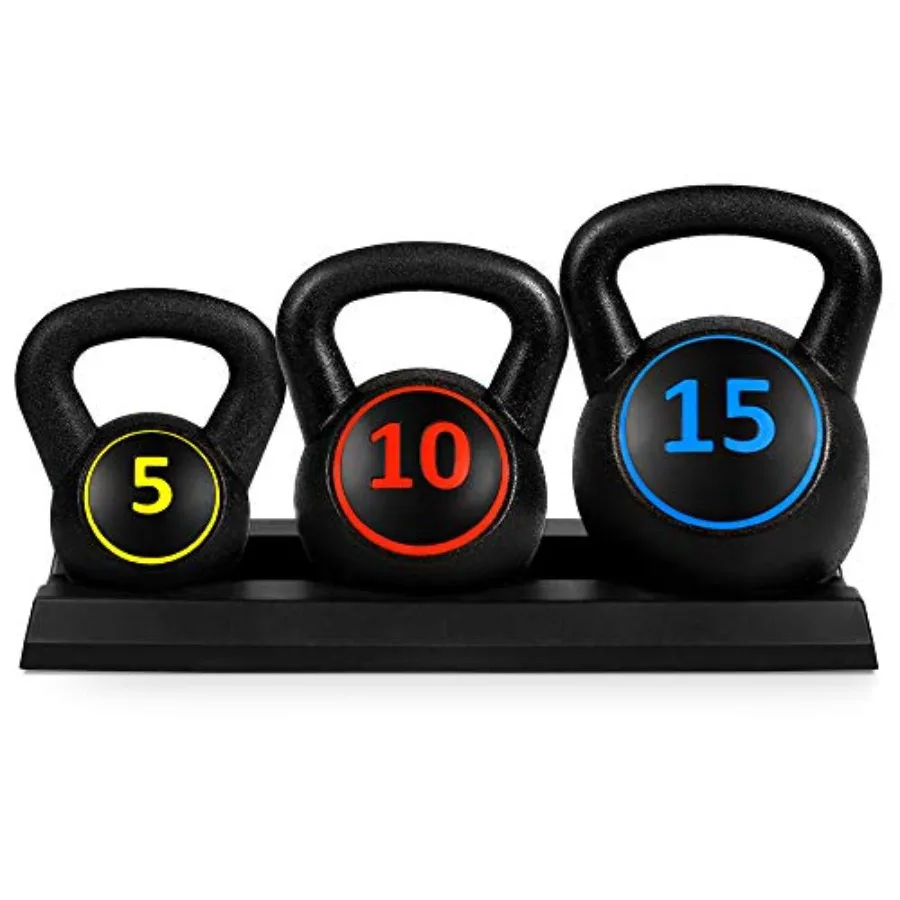 Juego de Kettlebell de 3 piezas con estante de almacenamiento recubierto de HDPE ejercicio Fitness pesas de hormigón para gimnasio en casa entrenamiento de fuerza HIIT Worko