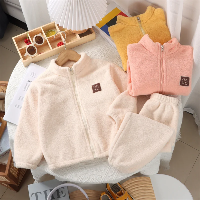 

Boys Girls Plush Sets Children Winter Warm Fleece Suits Kids Autumn Thickened Jackets+Pants 2Pcs Outfits Teenager Casual Clothes