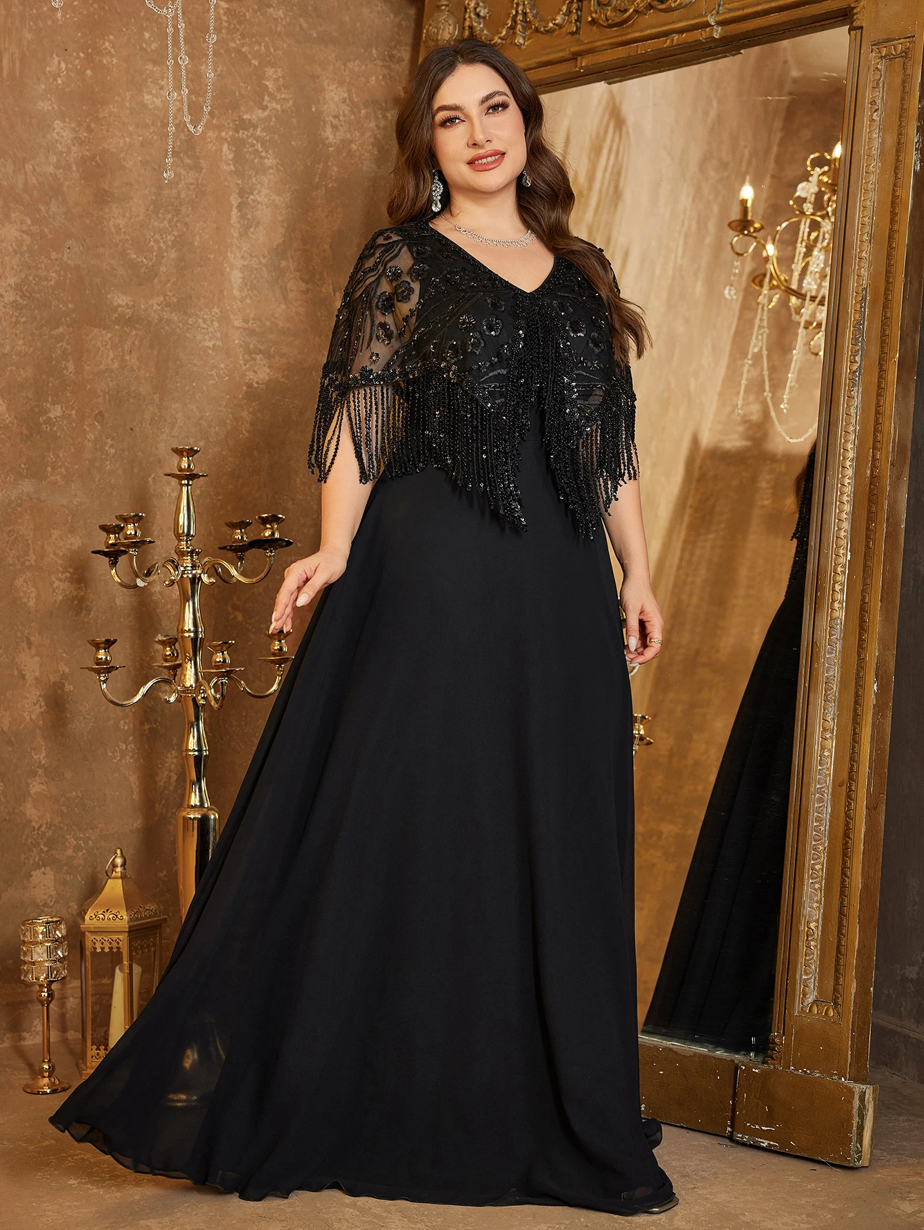 UNITHORSE Plus المرأة الخامس الرقبة صنعة عالية الترتر المرقعة الشيفون شرابة كم سليم المناسب مزاجه ماكسي مساء