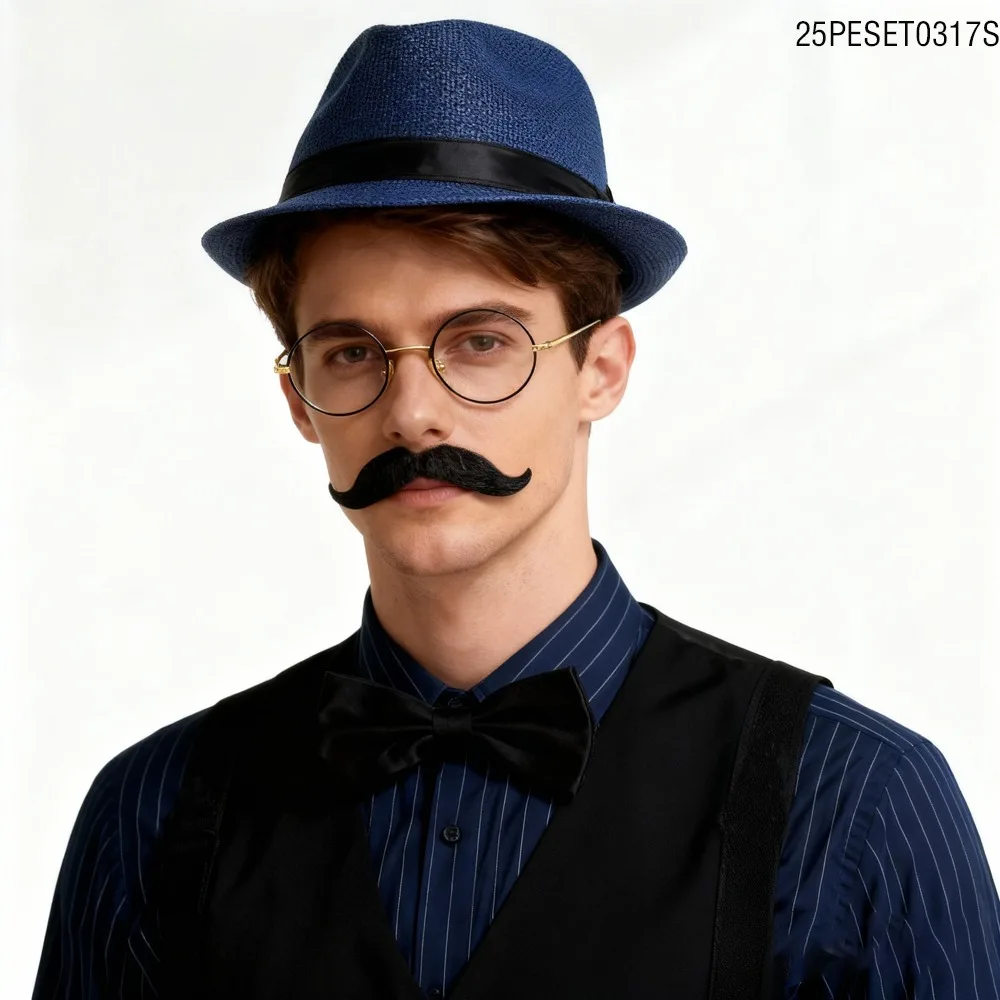 

PESENAR vintage men s costume set hat fake beard bow tie and glasses role playing costume set