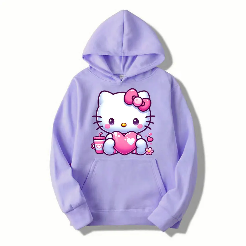 2024 New Fashion Women Hoodie Hello Kitty Heart Cartoon Anime Men Pullover Spring Autumn Pink Couple Sweatshirt Clothes Tops