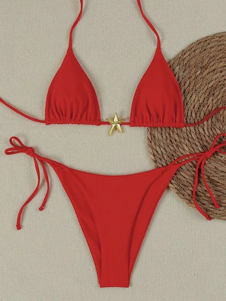 

UETEEY 2025 New Summer Swimwear Bikinis Set Sexy Backless Bikini 2 Piece Set Women Solid Laced Up Split Beach Vacation Bikini