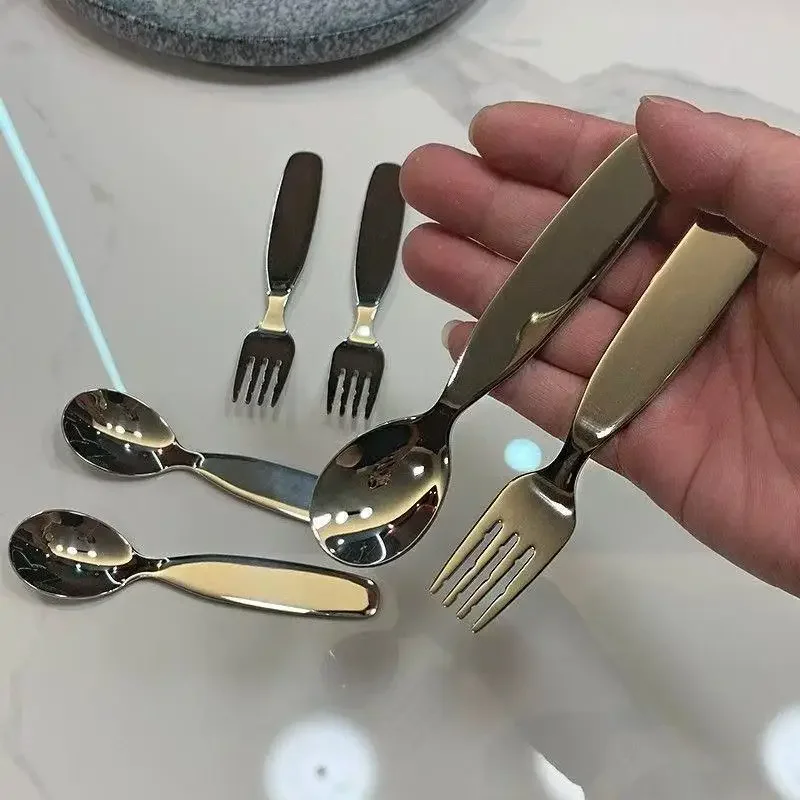 2pcs/Set Stainless Steel Spoon And Fork Set,Short Handle Small Round Spoon,Dessert Spoon,Home And Travel Essential Tableware Set