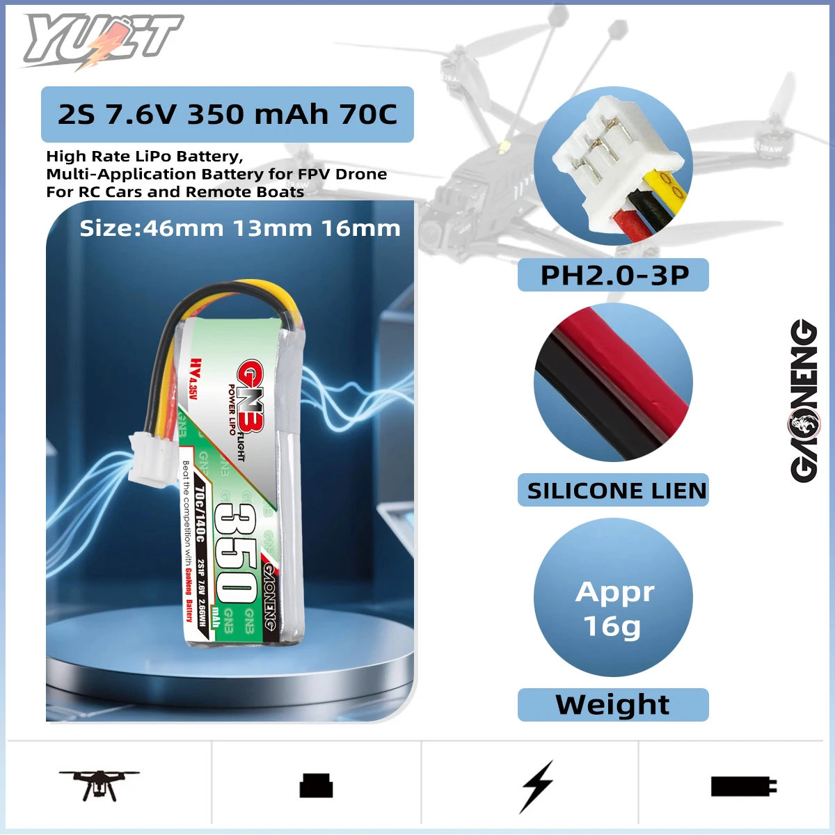 

YUCT GNB 2S LiPo Battery 350mAh LiHV 7.6V PH2.0 70C/Max140C Lithium Battery For FPV Drone Quadcopter 1/28 Scale Mini RC Car