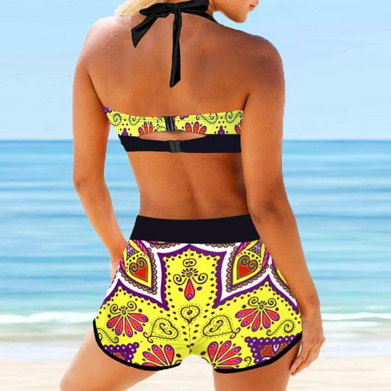 Women Sexy New Design Printing Swimsuit Loose Size Monokini Swimwear Bathing Suit Two Pieces Set Summer High Waist Beachwear