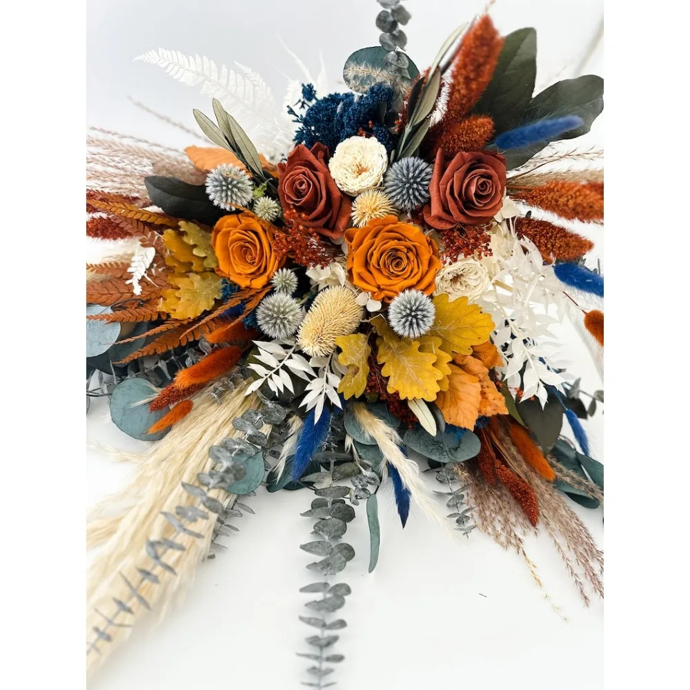 Bouquet di erba di pampa di fiori secchi, Bride e damigelle d'onore, arancio bruciato, Navy ruggine, fiori secchi