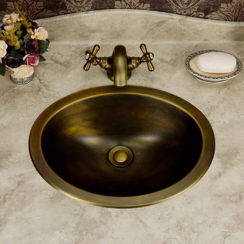 A1 European antique copper basin balcony wash basin bathroom under counter basin oval washbasin LO612439