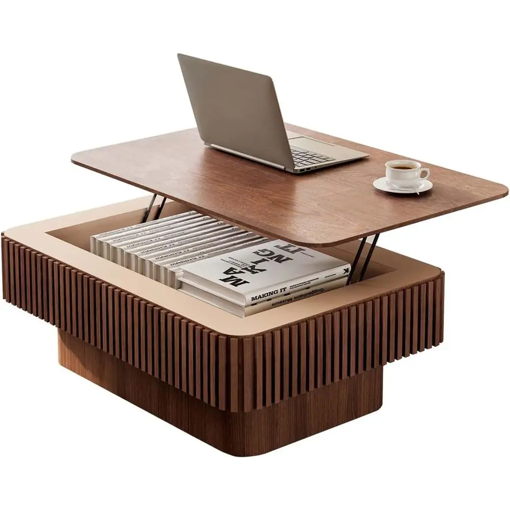 

Adjustable Height Solid Wood Coffee Table with Storage, 38.6 Walnut Accent Table for Living Room or Office