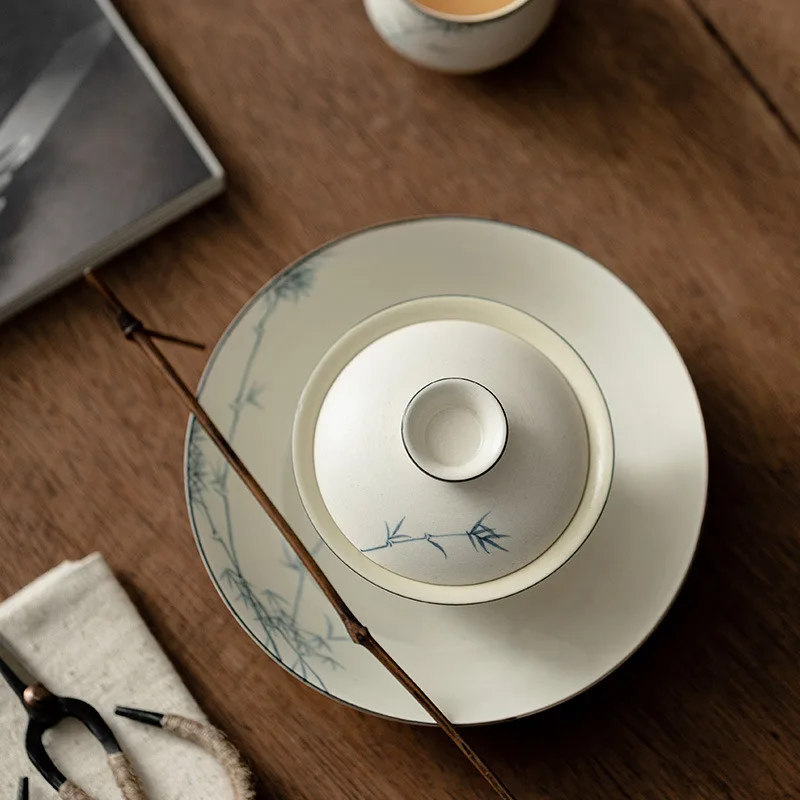 Powder-white Hand-painted Ink Bamboo Qingran Cover Bowl Coarse Wabi-sabi Handmade Retro Two Tea Bowl Home Tea Divider