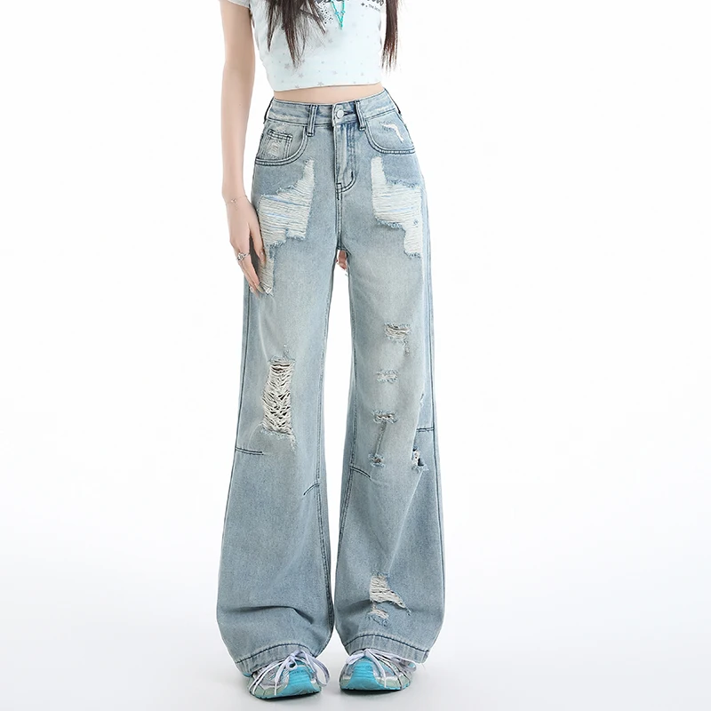Women Ripped Wide Leg Jeans Vintage Distressed Denim Pants High Waist Loose Fit Trousers Streetwear Y2K Grunge Hole Destroyed