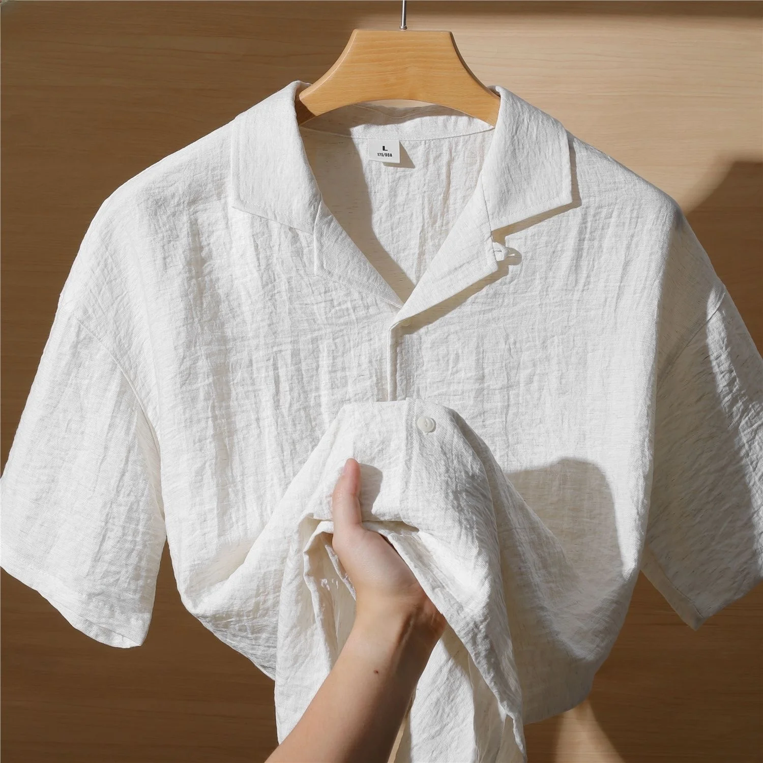Lightweight Cotton Linen Short Sleeve Shirt Cuban Collar Texture Fold Summer Men's Shirt Comfortable Breathable Casual Style