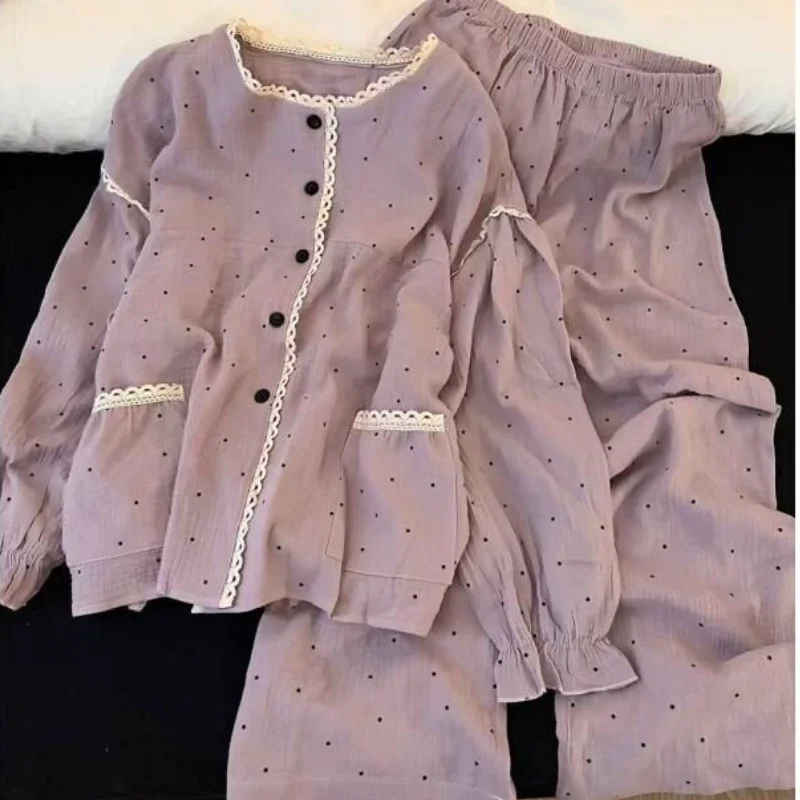 

Осенние женские пижамы с круглым вырезом, свежие, милые, простые, милые, кружевные в горошек, повседневный и удобный домашний костюм, новый стиль