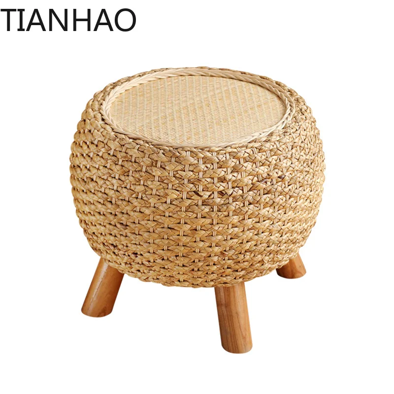 Rattan Furnitures Weave Wooden Stool Furniture Home Portable Round Stools Nordic Living Room Entrance Change Shoes Seats Chair
